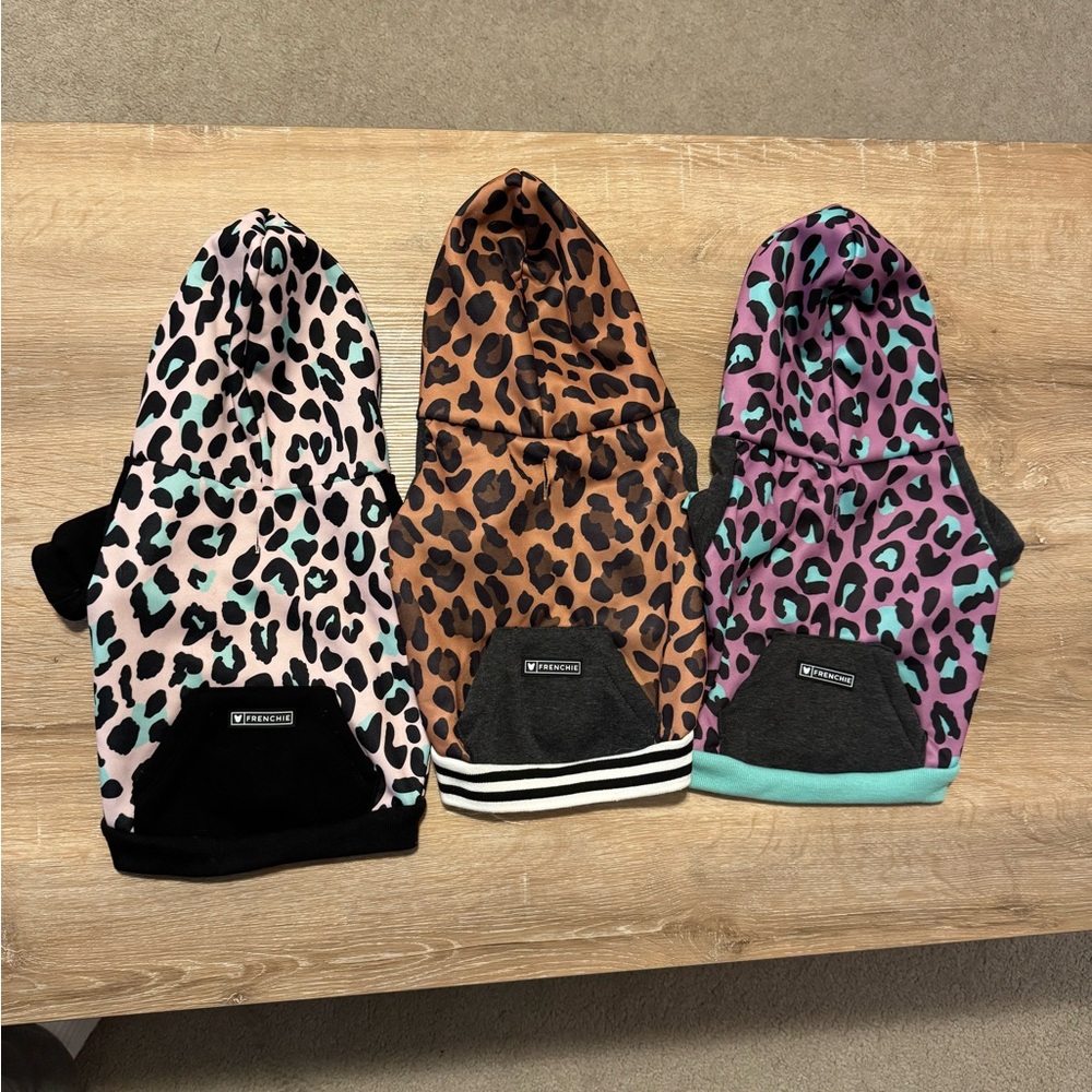 Frenchie Leopard Print Dog Hoodies - Pink, Brown, Purple listing for all 3